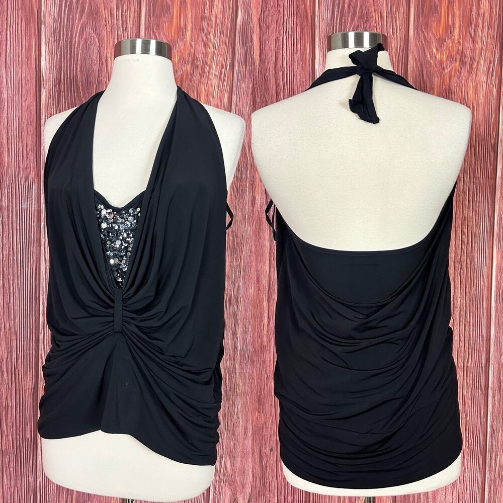VTG Kay Celine Black Draped Halter Top Sequin Panel Glam Y2K Party Size XL